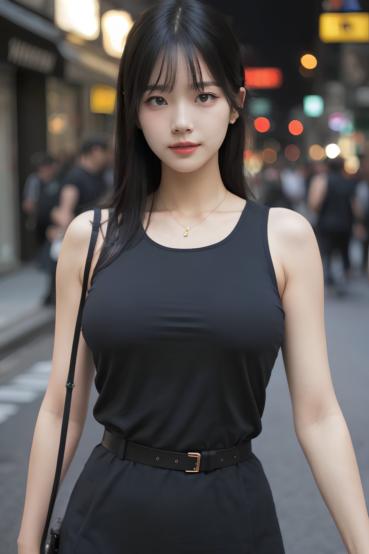 (mature body), (upper body:1.2), nikon RAW photo,8 k, Fujifilm XT3,masterpiece, best quality, realistic, photorealistic, ultra detailed, extremely detailed face, solo,1girl, standing, fashionable and trendy atmosphere, and a stylish expression on her face, (narrow waist), black dress, walking, at the dark streets, sleeveless, fabric clothes, big tits,