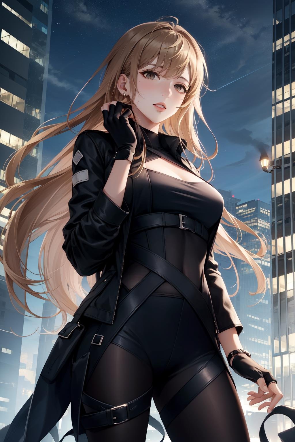 (Masterpiece:1.4), (best quality:1.2), <lora:yoo_sangah-000016:0.8>, yoo sangah, 1girl, black bodysuit, black jacket, fingerless gloves, light brown hair, cowboy shot, skyscraper, city, night, starry sky