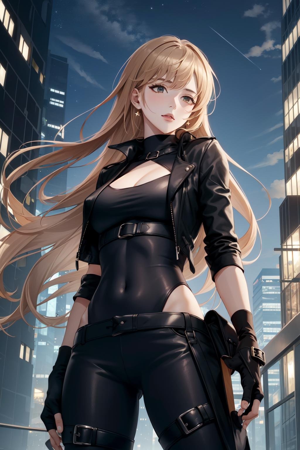 (Masterpiece:1.4), (best quality:1.2), <lora:yoo_sangah-000016:0.8>, yoo sangah, 1girl, black bodysuit, black jacket, fingerless gloves, cowboy shot, skyscraper, city, night, starry sky