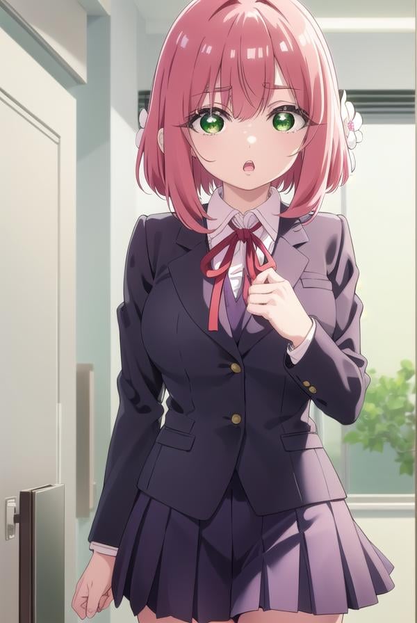 hakarihanazono, <lora:hakarihanazono-lora-nochekaiser:0.8>,hakari hanazono, short hair, hair ornament, (green eyes:1.5), pink hair, flower, hair flower, hair between eyes, sidelocks, <lora:talkmouth_O_v100:1>, open mouth,BREAK skirt, shirt, ribbon, school uniform, blazer, white shirt, pleated skirt, collared shirt, black skirt, red ribbon, neck ribbon, BREAK looking at viewer,BREAK indoors, classroom, (cowboy shot:1.5),BREAK <lyco:GoodHands-beta2:1>, (masterpiece:1.2), best quality, high resolution, unity 8k wallpaper, (illustration:0.8), (beautiful detailed eyes:1.6), extremely detailed face, perfect lighting, extremely detailed CG, (perfect hands, perfect anatomy),