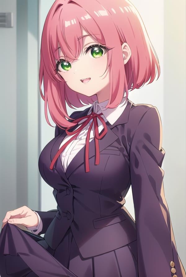 hakarihanazono, <lora:hakarihanazono-lora-nochekaiser:0.8>,hakari hanazono, short hair, hair ornament, (green eyes:1.5), pink hair, flower, hair flower, hair between eyes, sidelocks, <lora:talkmouth_E_v100:1>, open mouth,BREAK skirt, shirt, ribbon, school uniform, blazer, white shirt, pleated skirt, collared shirt, black skirt, red ribbon, neck ribbon, BREAK looking at viewer,BREAK indoors, classroom, (cowboy shot:1.5),BREAK <lyco:GoodHands-beta2:1>, (masterpiece:1.2), best quality, high resolution, unity 8k wallpaper, (illustration:0.8), (beautiful detailed eyes:1.6), extremely detailed face, perfect lighting, extremely detailed CG, (perfect hands, perfect anatomy),