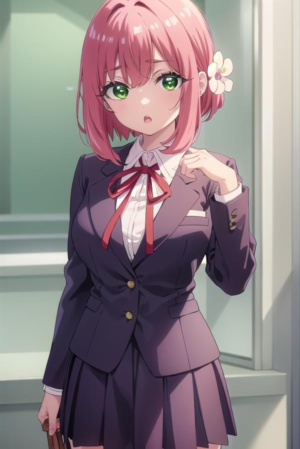 hakarihanazono, <lora:hakarihanazono-lora-nochekaiser:0.8>,hakari hanazono, short hair, hair ornament, (green eyes:1.5), pink hair, flower, hair flower, hair between eyes, sidelocks, <lora:talkmouth_O_v100:1>, open mouth,BREAK skirt, shirt, ribbon, school uniform, blazer, white shirt, pleated skirt, collared shirt, black skirt, red ribbon, neck ribbon, BREAK looking at viewer,BREAK indoors, classroom, (cowboy shot:1.5),BREAK <lyco:GoodHands-beta2:1>, (masterpiece:1.2), best quality, high resolution, unity 8k wallpaper, (illustration:0.8), (beautiful detailed eyes:1.6), extremely detailed face, perfect lighting, extremely detailed CG, (perfect hands, perfect anatomy),