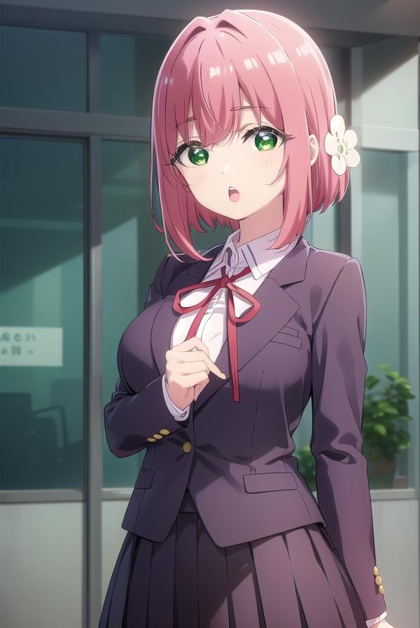 hakarihanazono, <lora:hakarihanazono-lora-nochekaiser:0.8>,hakari hanazono, short hair, hair ornament, (green eyes:1.5), pink hair, flower, hair flower, hair between eyes, sidelocks, <lora:talkmouth_O_v100:1>, open mouth,BREAK skirt, shirt, ribbon, school uniform, blazer, white shirt, pleated skirt, collared shirt, black skirt, red ribbon, neck ribbon, BREAK looking at viewer,BREAK indoors, classroom, (cowboy shot:1.5),BREAK <lyco:GoodHands-beta2:1>, (masterpiece:1.2), best quality, high resolution, unity 8k wallpaper, (illustration:0.8), (beautiful detailed eyes:1.6), extremely detailed face, perfect lighting, extremely detailed CG, (perfect hands, perfect anatomy),