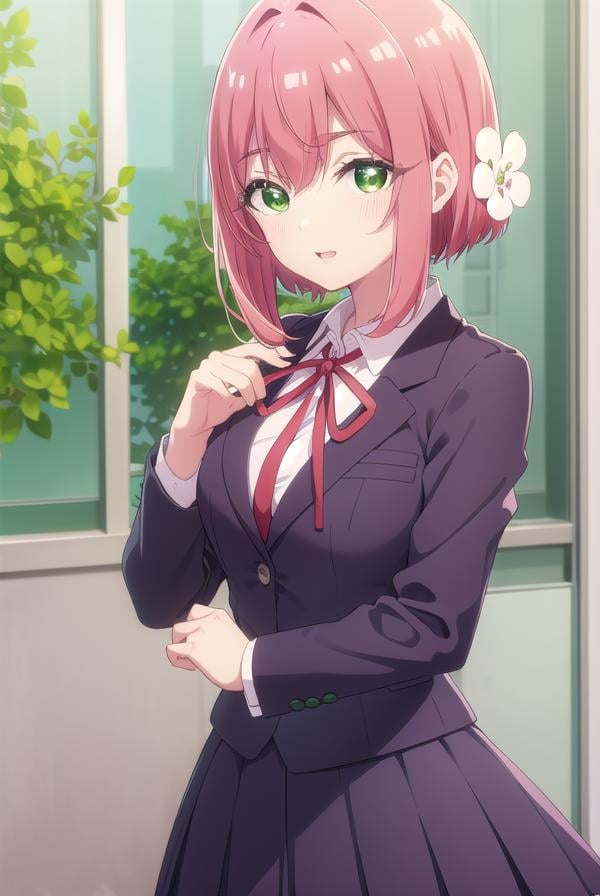 hakarihanazono, <lora:hakarihanazono-lora-nochekaiser:0.8>,hakari hanazono, short hair, hair ornament, (green eyes:1.5), pink hair, flower, hair flower, hair between eyes, sidelocks, <lora:talkmouth_E_v100:1>, open mouth,BREAK skirt, shirt, ribbon, school uniform, blazer, white shirt, pleated skirt, collared shirt, black skirt, red ribbon, neck ribbon, BREAK looking at viewer,BREAK indoors, classroom, (cowboy shot:1.5),BREAK <lyco:GoodHands-beta2:1>, (masterpiece:1.2), best quality, high resolution, unity 8k wallpaper, (illustration:0.8), (beautiful detailed eyes:1.6), extremely detailed face, perfect lighting, extremely detailed CG, (perfect hands, perfect anatomy),