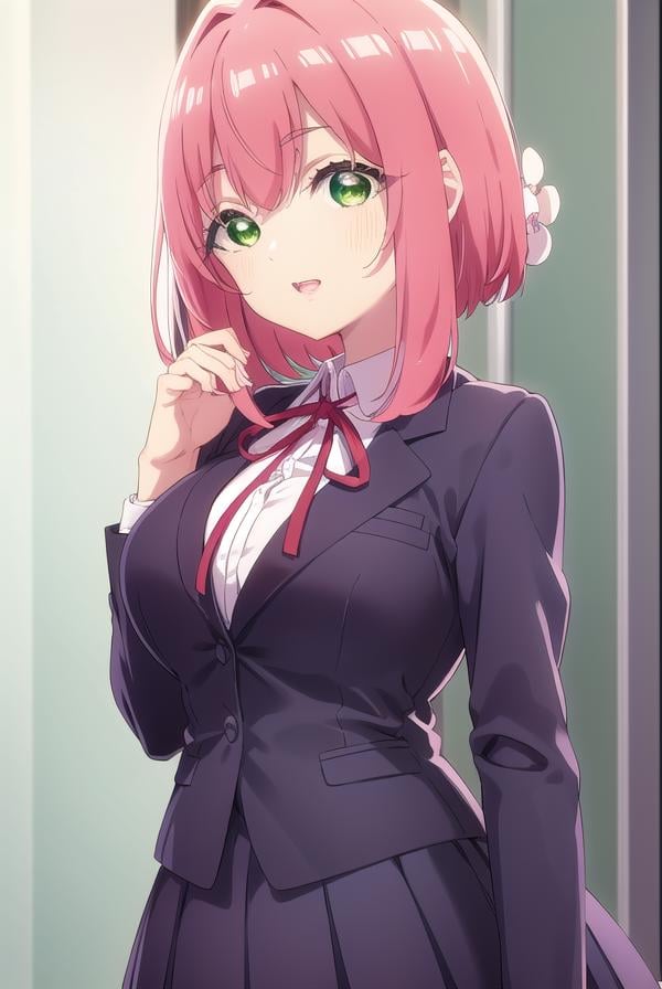 hakarihanazono, <lora:hakarihanazono-lora-nochekaiser:0.8>,hakari hanazono, short hair, hair ornament, (green eyes:1.5), pink hair, flower, hair flower, hair between eyes, sidelocks, <lora:talkmouth_E_v100:1>, open mouth,BREAK skirt, shirt, ribbon, school uniform, blazer, white shirt, pleated skirt, collared shirt, black skirt, red ribbon, neck ribbon, BREAK looking at viewer,BREAK indoors, classroom, (cowboy shot:1.5),BREAK <lyco:GoodHands-beta2:1>, (masterpiece:1.2), best quality, high resolution, unity 8k wallpaper, (illustration:0.8), (beautiful detailed eyes:1.6), extremely detailed face, perfect lighting, extremely detailed CG, (perfect hands, perfect anatomy),