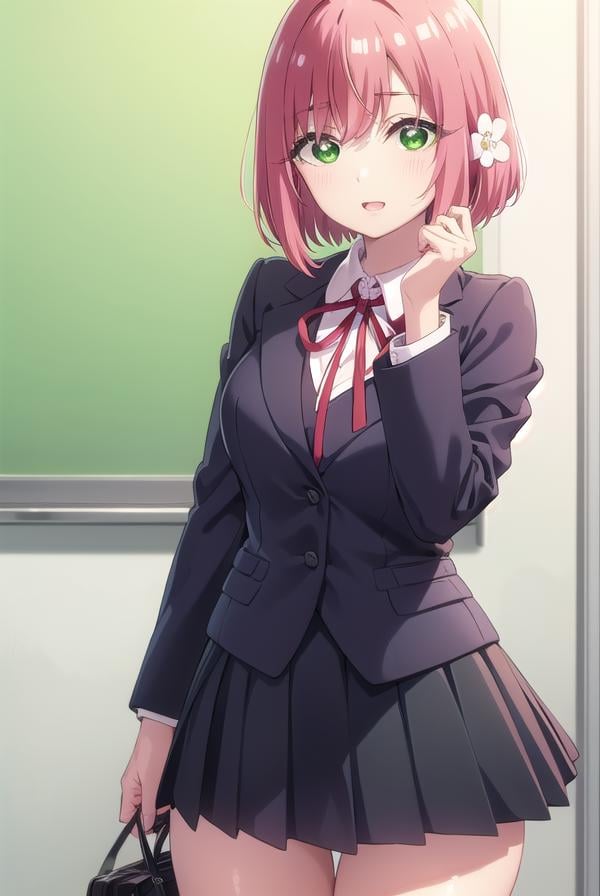 hakarihanazono, <lora:hakarihanazono-lora-nochekaiser:0.8>,hakari hanazono, short hair, hair ornament, (green eyes:1.5), pink hair, flower, hair flower, hair between eyes, sidelocks, <lora:talkmouth_E_v100:1>, open mouth,BREAK skirt, shirt, ribbon, school uniform, blazer, white shirt, pleated skirt, collared shirt, black skirt, red ribbon, neck ribbon, BREAK looking at viewer,BREAK indoors, classroom, (cowboy shot:1.5),BREAK <lyco:GoodHands-beta2:1>, (masterpiece:1.2), best quality, high resolution, unity 8k wallpaper, (illustration:0.8), (beautiful detailed eyes:1.6), extremely detailed face, perfect lighting, extremely detailed CG, (perfect hands, perfect anatomy),