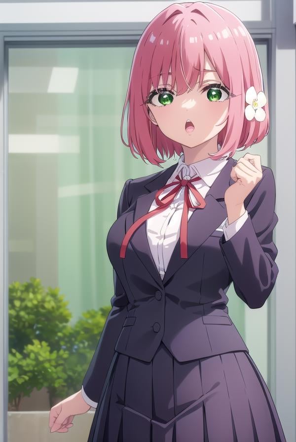 hakarihanazono, <lora:hakarihanazono-lora-nochekaiser:0.8>,hakari hanazono, short hair, hair ornament, (green eyes:1.5), pink hair, flower, hair flower, hair between eyes, sidelocks, <lora:talkmouth_O_v100:1>, open mouth,BREAK skirt, shirt, ribbon, school uniform, blazer, white shirt, pleated skirt, collared shirt, black skirt, red ribbon, neck ribbon, BREAK looking at viewer,BREAK indoors, classroom, (cowboy shot:1.5),BREAK <lyco:GoodHands-beta2:1>, (masterpiece:1.2), best quality, high resolution, unity 8k wallpaper, (illustration:0.8), (beautiful detailed eyes:1.6), extremely detailed face, perfect lighting, extremely detailed CG, (perfect hands, perfect anatomy),