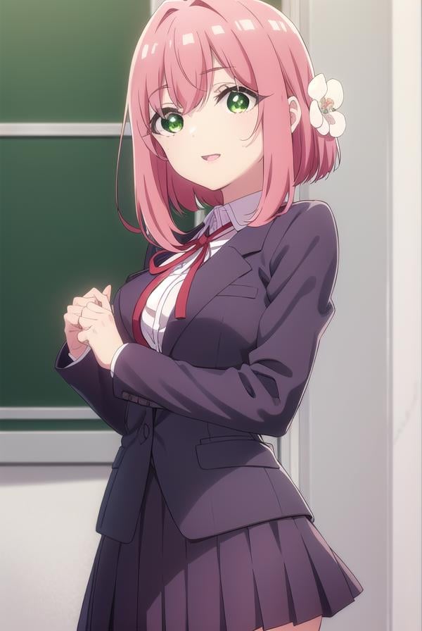 hakarihanazono, <lora:hakarihanazono-lora-nochekaiser:0.8>,hakari hanazono, short hair, hair ornament, (green eyes:1.5), pink hair, flower, hair flower, hair between eyes, sidelocks, <lora:talkmouth_E_v100:1>, open mouth,BREAK skirt, shirt, ribbon, school uniform, blazer, white shirt, pleated skirt, collared shirt, black skirt, red ribbon, neck ribbon, BREAK looking at viewer,BREAK indoors, classroom, (cowboy shot:1.5),BREAK <lyco:GoodHands-beta2:1>, (masterpiece:1.2), best quality, high resolution, unity 8k wallpaper, (illustration:0.8), (beautiful detailed eyes:1.6), extremely detailed face, perfect lighting, extremely detailed CG, (perfect hands, perfect anatomy),