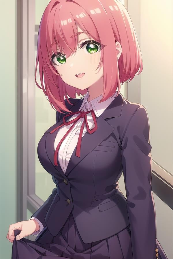 hakarihanazono, <lora:hakarihanazono-lora-nochekaiser:0.8>,hakari hanazono, short hair, hair ornament, (green eyes:1.5), pink hair, flower, hair flower, hair between eyes, sidelocks, <lora:talkmouth_E_v100:1>, open mouth,BREAK skirt, shirt, ribbon, school uniform, blazer, white shirt, pleated skirt, collared shirt, black skirt, red ribbon, neck ribbon, BREAK looking at viewer,BREAK indoors, classroom, (cowboy shot:1.5),BREAK <lyco:GoodHands-beta2:1>, (masterpiece:1.2), best quality, high resolution, unity 8k wallpaper, (illustration:0.8), (beautiful detailed eyes:1.6), extremely detailed face, perfect lighting, extremely detailed CG, (perfect hands, perfect anatomy),