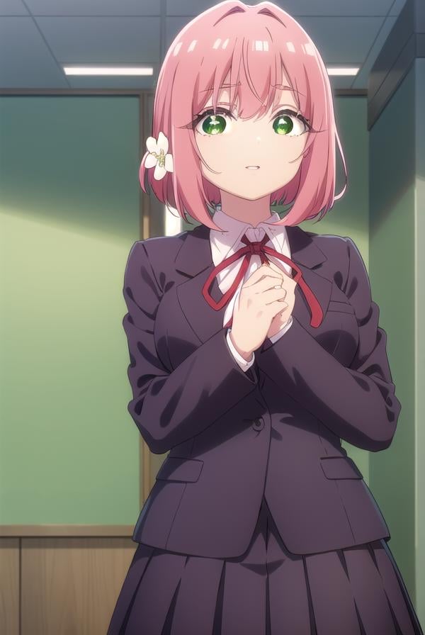 hakarihanazono, <lora:hakarihanazono-lora-nochekaiser:0.8>,hakari hanazono, short hair, hair ornament, (green eyes:1.5), pink hair, flower, hair flower, hair between eyes, sidelocks, <lora:talkmouth_E_v100:1>, open mouth,BREAK skirt, shirt, ribbon, school uniform, blazer, white shirt, pleated skirt, collared shirt, black skirt, red ribbon, neck ribbon, BREAK looking at viewer,BREAK indoors, classroom, (cowboy shot:1.5),BREAK <lyco:GoodHands-beta2:1>, (masterpiece:1.2), best quality, high resolution, unity 8k wallpaper, (illustration:0.8), (beautiful detailed eyes:1.6), extremely detailed face, perfect lighting, extremely detailed CG, (perfect hands, perfect anatomy),