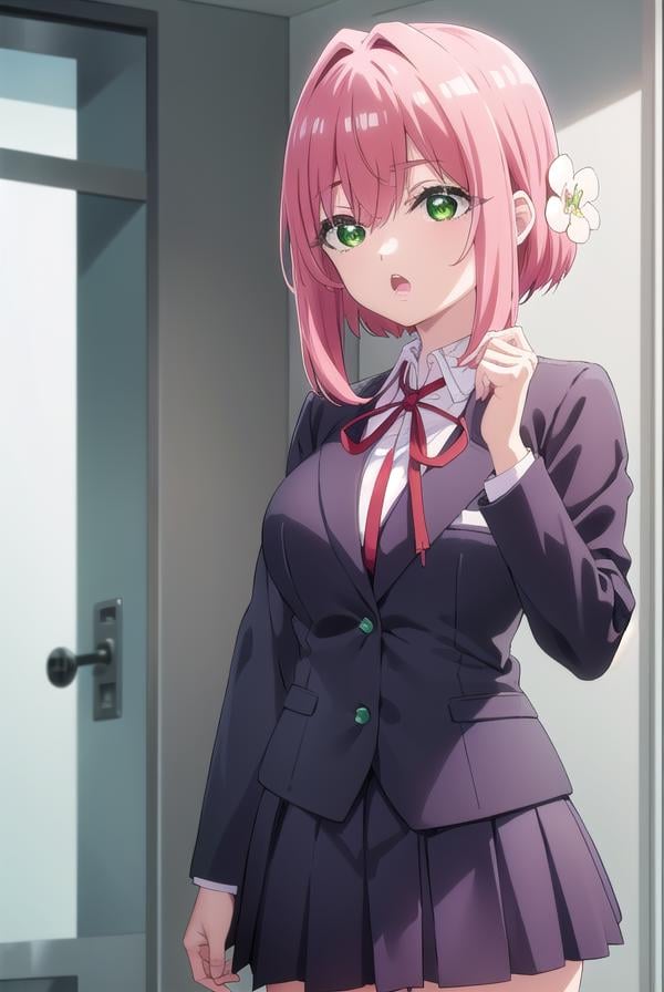 hakarihanazono, <lora:hakarihanazono-lora-nochekaiser:0.8>,hakari hanazono, short hair, hair ornament, (green eyes:1.5), pink hair, flower, hair flower, hair between eyes, sidelocks, <lora:talkmouth_O_v100:1>, open mouth,BREAK skirt, shirt, ribbon, school uniform, blazer, white shirt, pleated skirt, collared shirt, black skirt, red ribbon, neck ribbon, BREAK looking at viewer,BREAK indoors, classroom, (cowboy shot:1.5),BREAK <lyco:GoodHands-beta2:1>, (masterpiece:1.2), best quality, high resolution, unity 8k wallpaper, (illustration:0.8), (beautiful detailed eyes:1.6), extremely detailed face, perfect lighting, extremely detailed CG, (perfect hands, perfect anatomy),