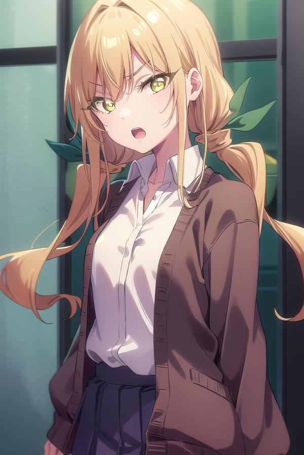 karaneinda, <lora:karaneinda-lora-nochekaiser:0.8>,karane inda, blonde hair, (yellow eyes:1.5), hair ribbon, twintails, low twintails, long hair, (green ribbon:1.2), <lora:gekioko_v200:1>, angry, open mouth,BREAK skirt, shirt, school uniform, white shirt, pleated skirt, cardigan, white shirt, collar, black skirt, brown cardigan, long sleeves,BREAK looking at viewer,BREAK indoors, classroom, (cowboy shot:1.5),BREAK <lyco:GoodHands-beta2:1>, (masterpiece:1.2), best quality, high resolution, unity 8k wallpaper, (illustration:0.8), (beautiful detailed eyes:1.6), extremely detailed face, perfect lighting, extremely detailed CG, (perfect hands, perfect anatomy), 