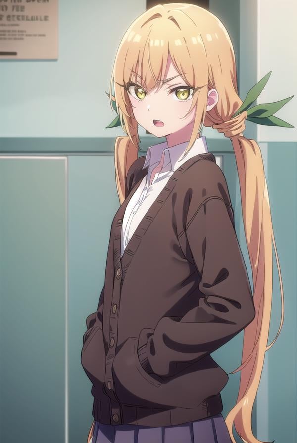 karaneinda, <lora:karaneinda-lora-nochekaiser:0.8>,karane inda, blonde hair, (yellow eyes:1.5), hair ribbon, twintails, low twintails, long hair, (green ribbon:1.2), <lora:gekioko_v200:1>, angry, open mouth,BREAK skirt, shirt, school uniform, white shirt, pleated skirt, cardigan, white shirt, collar, black skirt, brown cardigan, long sleeves,BREAK looking at viewer,BREAK indoors, classroom, (cowboy shot:1.5),BREAK <lyco:GoodHands-beta2:1>, (masterpiece:1.2), best quality, high resolution, unity 8k wallpaper, (illustration:0.8), (beautiful detailed eyes:1.6), extremely detailed face, perfect lighting, extremely detailed CG, (perfect hands, perfect anatomy), 