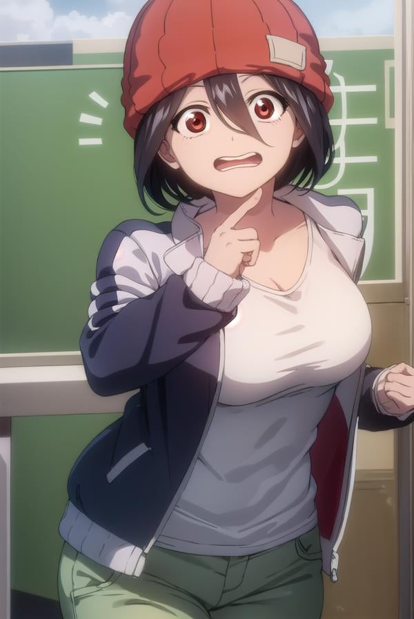 fuukoizumo, <lyco:fuukoizumo-lyco-nochekaiser:1>,fuuko izumo, black hair, hair between eyes, (brown eyes:1.5), short hair,  <lora:wavymouth_type3_v100:1>, open mouth,BREAK shirt, white shirt, jacket, open jacket, pants, denim, beanie, (red beanie:1.2),BREAK looking at viewer,BREAK indoors, classroom, (cowboy shot:1.5),BREAK <lyco:GoodHands-beta2:1>, (masterpiece:1.2), best quality, high resolution, unity 8k wallpaper, (illustration:0.8), (beautiful detailed eyes:1.6), extremely detailed face, perfect lighting, extremely detailed CG, (perfect hands, perfect anatomy),