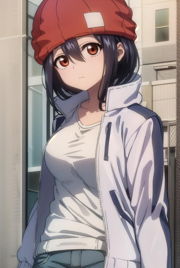 fuukoizumo, <lyco:fuukoizumo-lyco-nochekaiser:1>,fuuko izumo, black hair, hair between eyes, (brown eyes:1.5), short hair,BREAK shirt, white shirt, jacket, open jacket, pants, denim, beanie, (red beanie:1.2),BREAK looking at viewer,BREAK indoors, classroom, (cowboy shot:1.5),BREAK <lyco:GoodHands-beta2:1>, (masterpiece:1.2), best quality, high resolution, unity 8k wallpaper, (illustration:0.8), (beautiful detailed eyes:1.6), extremely detailed face, perfect lighting, extremely detailed CG, (perfect hands, perfect anatomy),