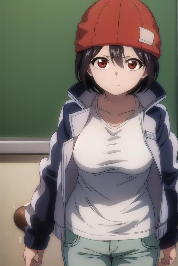 fuukoizumo, <lyco:fuukoizumo-lyco-nochekaiser:1>,fuuko izumo, black hair, hair between eyes, (brown eyes:1.5), short hair,BREAK shirt, white shirt, jacket, open jacket, pants, denim, beanie, (red beanie:1.2),BREAK looking at viewer,BREAK indoors, classroom, (cowboy shot:1.5),BREAK <lyco:GoodHands-beta2:1>, (masterpiece:1.2), best quality, high resolution, unity 8k wallpaper, (illustration:0.8), (beautiful detailed eyes:1.6), extremely detailed face, perfect lighting, extremely detailed CG, (perfect hands, perfect anatomy),