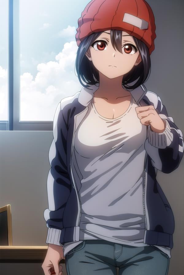 fuukoizumo, <lyco:fuukoizumo-lyco-nochekaiser:1>,fuuko izumo, black hair, hair between eyes, (brown eyes:1.5), short hair,BREAK shirt, white shirt, jacket, open jacket, pants, denim, beanie, (red beanie:1.2),BREAK looking at viewer,BREAK indoors, classroom, (cowboy shot:1.5),BREAK <lyco:GoodHands-beta2:1>, (masterpiece:1.2), best quality, high resolution, unity 8k wallpaper, (illustration:0.8), (beautiful detailed eyes:1.6), extremely detailed face, perfect lighting, extremely detailed CG, (perfect hands, perfect anatomy),