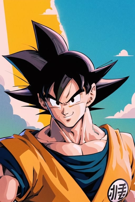 1boy,(masterpiece,detailed face,detailed eyes,best quality),smile,black eyes,looking_at_viewer,black-hair,dougi,gi,spiked hair,perfecteyes,orange gi,retro_artstyle,retro,solo