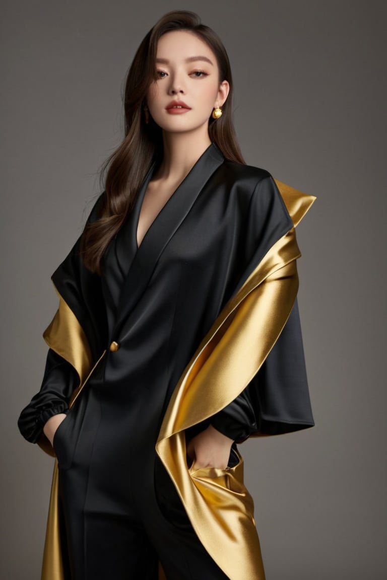  (Masterpiece, high quality, best quality, official art, beauty and aesthetics:1.2),,concept clothing,garment draping,outdoor,black and gold matching clothing, realistic