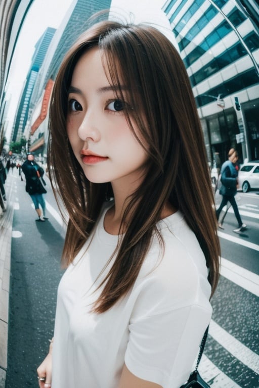  portrait of a girl in street, white shirt, brown hair, fish_eye