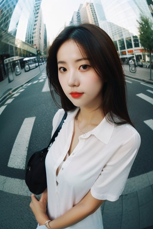  portrait of a girl in street, white shirt, brown hair, fish_eye