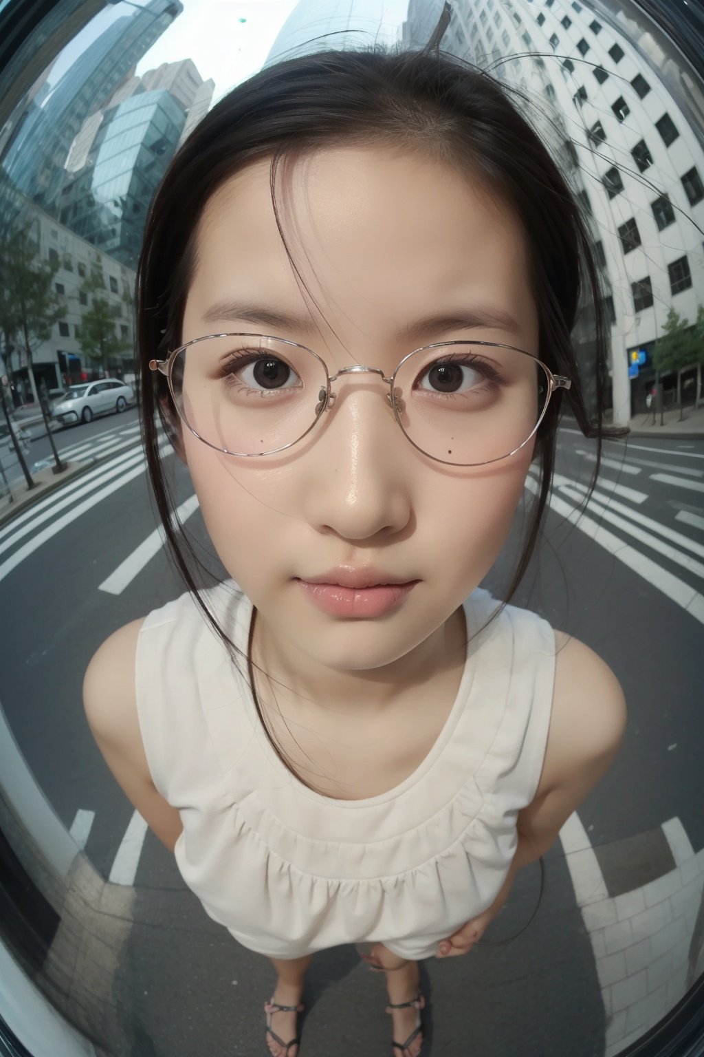  portrait of a girl in street, fish_eye, monkren