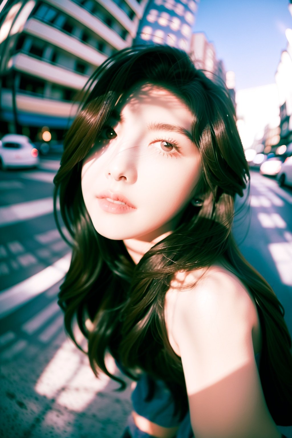  portrait of a girl in street, white shirt, brown hair, fish_eye, monkren