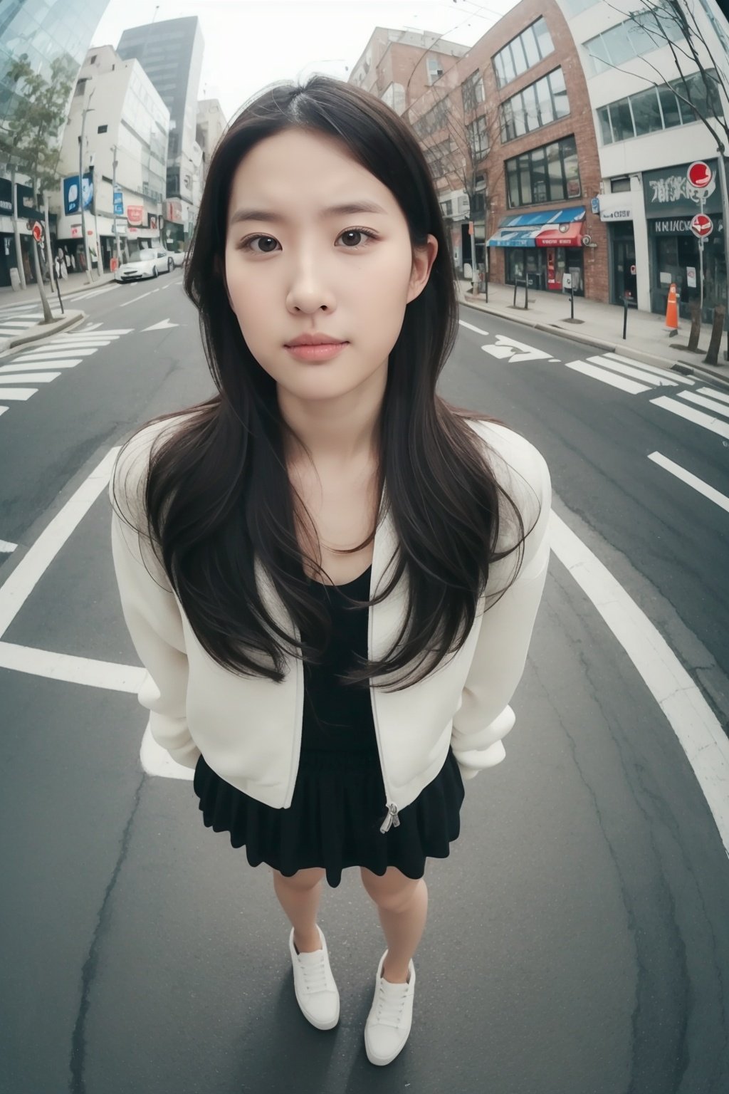  portrait of a girl in street, fish_eye, monkren