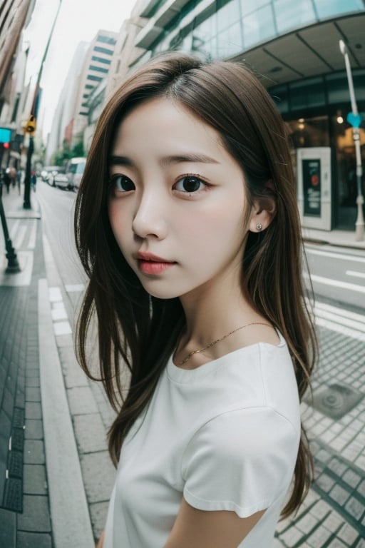 portrait of a  girl in street, white shirt, brown hair, fish_eye