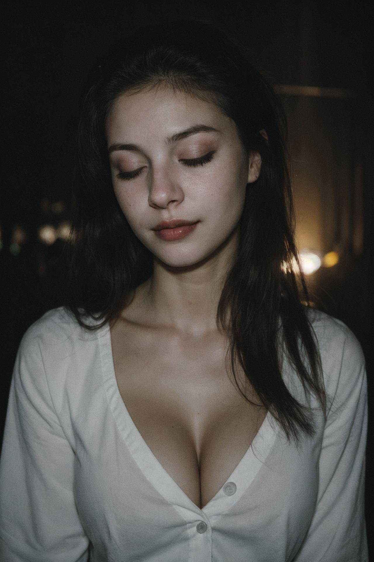 cute woman wearing white shirt, depth of field, shadows, messy hair, perfect face, dark, nighttime, grainy, seductive smirk, eyes closed