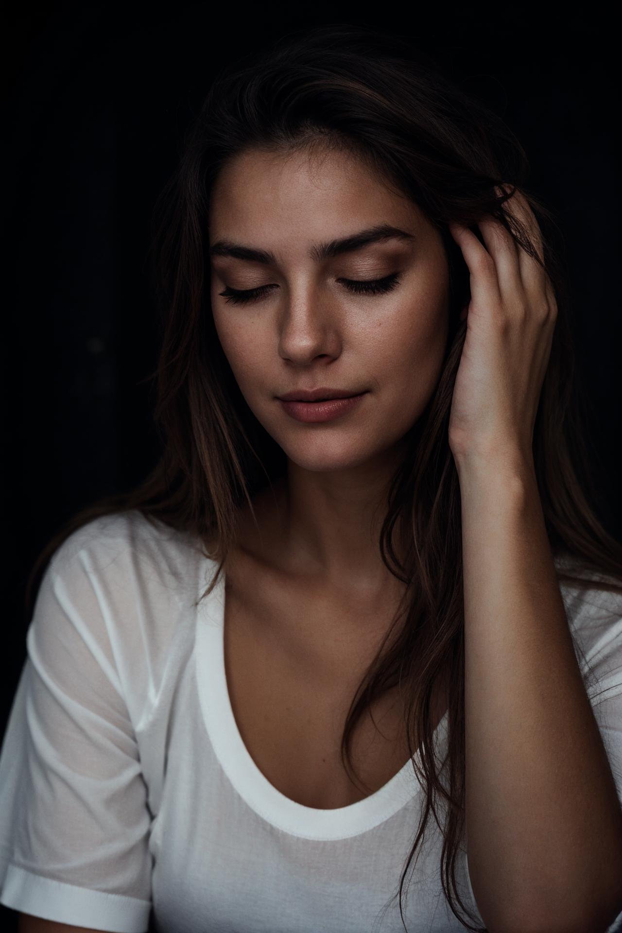 cute woman wearing white shirt, depth of field, shadows, messy hair, perfect face, dark, nighttime, grainy, seductive smirk, eyes closed