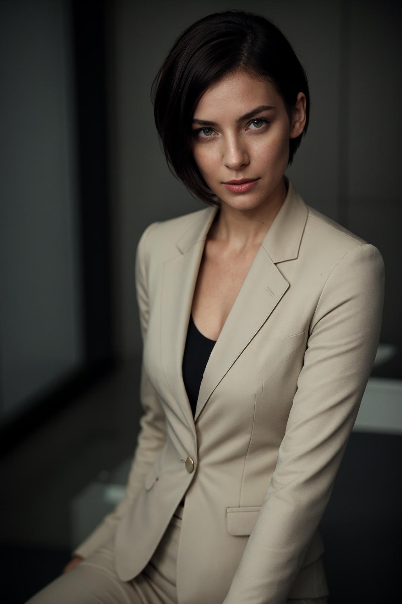 the matrix, business suit, short hair, beautiful female agent, soft_lighting