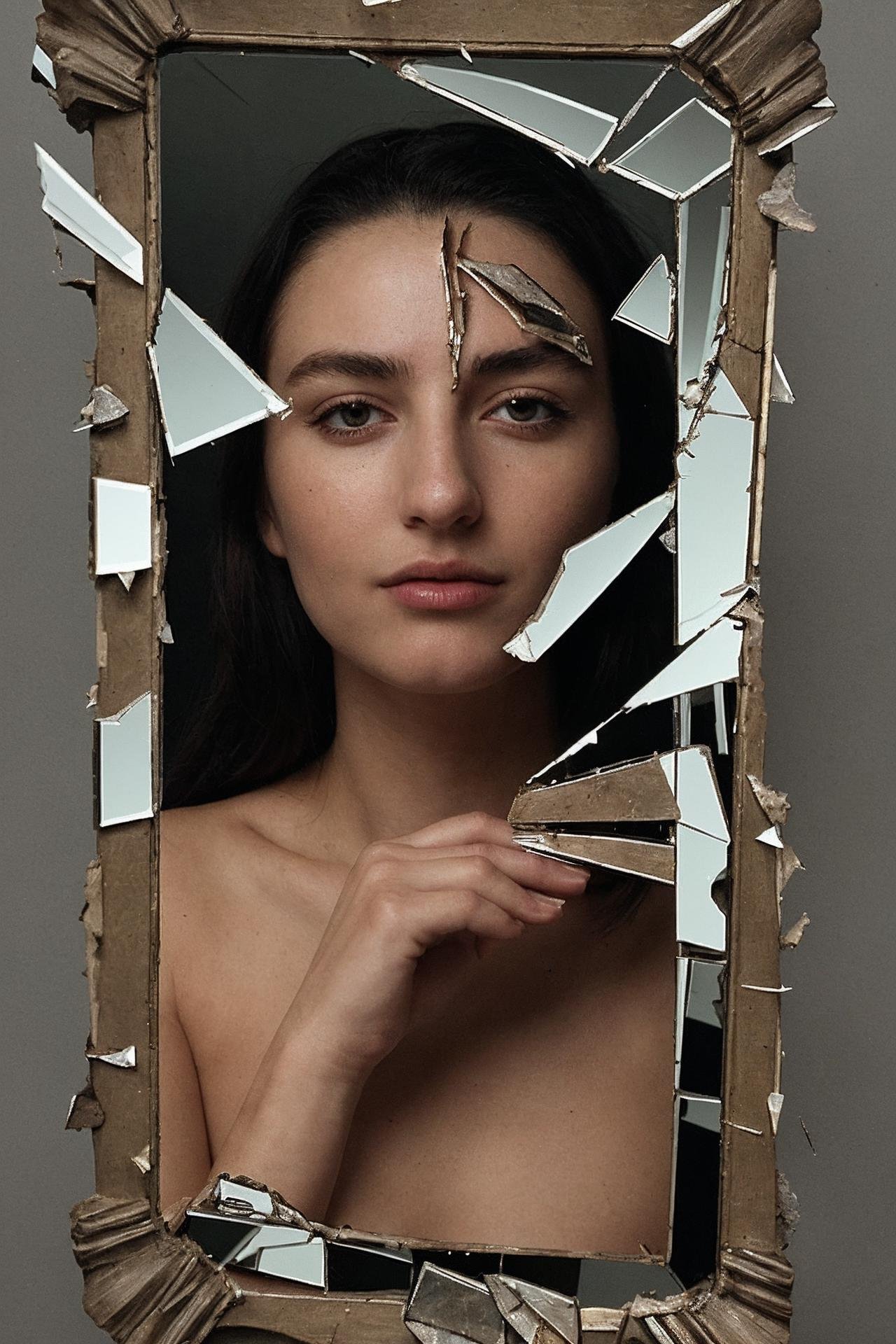 broken mirror shards reflecting a beautiful woman