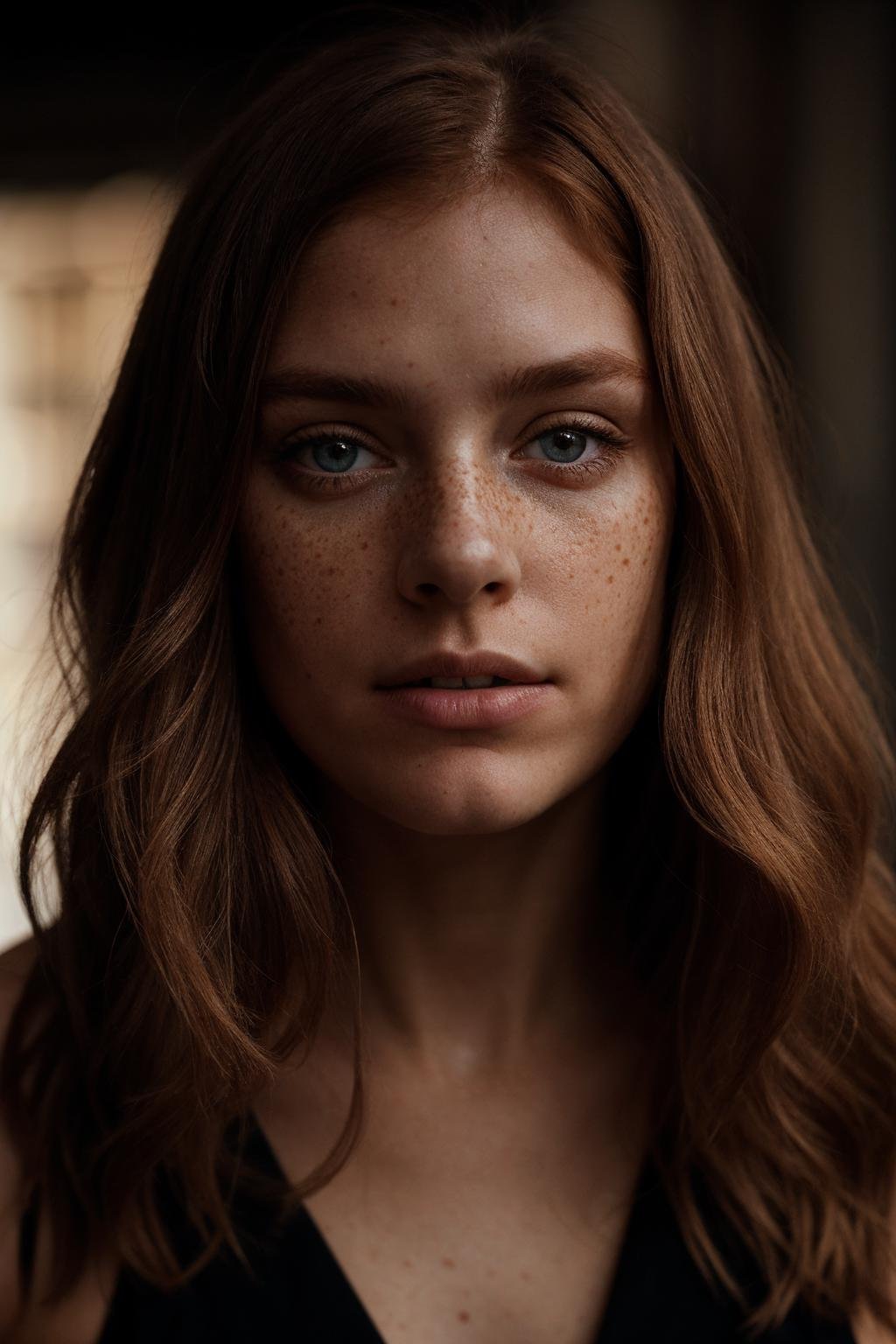 (8k, RAW photo, highest quality), beautiful girl, close up, dress, (detailed eyes:0.8), defiance512, (looking at the camera:1.4), (highest quality), (best shadow), intricate details, interior, ginger hair:1.3, dark studio, muted colors, freckles