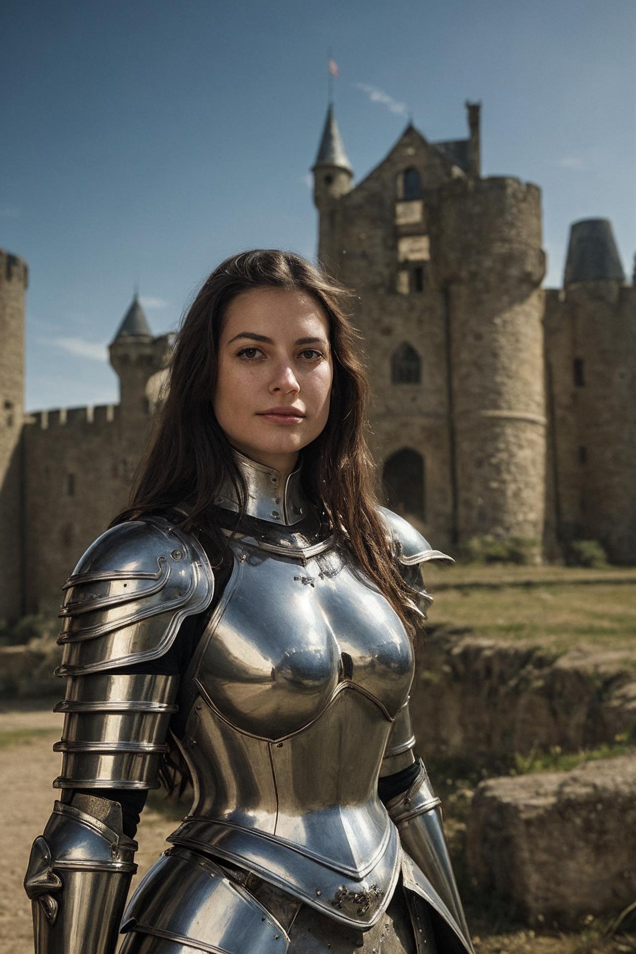 portrait of the most beautiful woman in the world, (medieval armor), metal reflections, upper body, outdoors, intense sunlight, far away castle