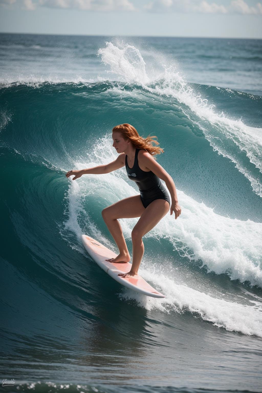 RAW photo, DSLR BREAK slender redhead (surfer girl:1.2) dynamic pose, water, surfboard BREAKdetailed, sunrays, sunlight, cinematic lighting, professional colorgraded