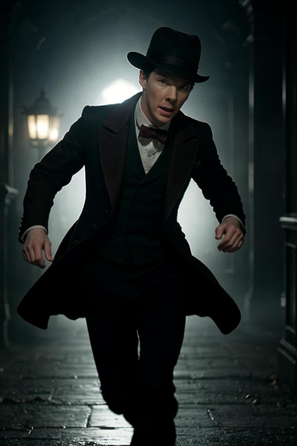 (Benedict Cumberbatch:1.1) as Sherlock Holmes, hat, running away from a ghost. blurry, movie still.