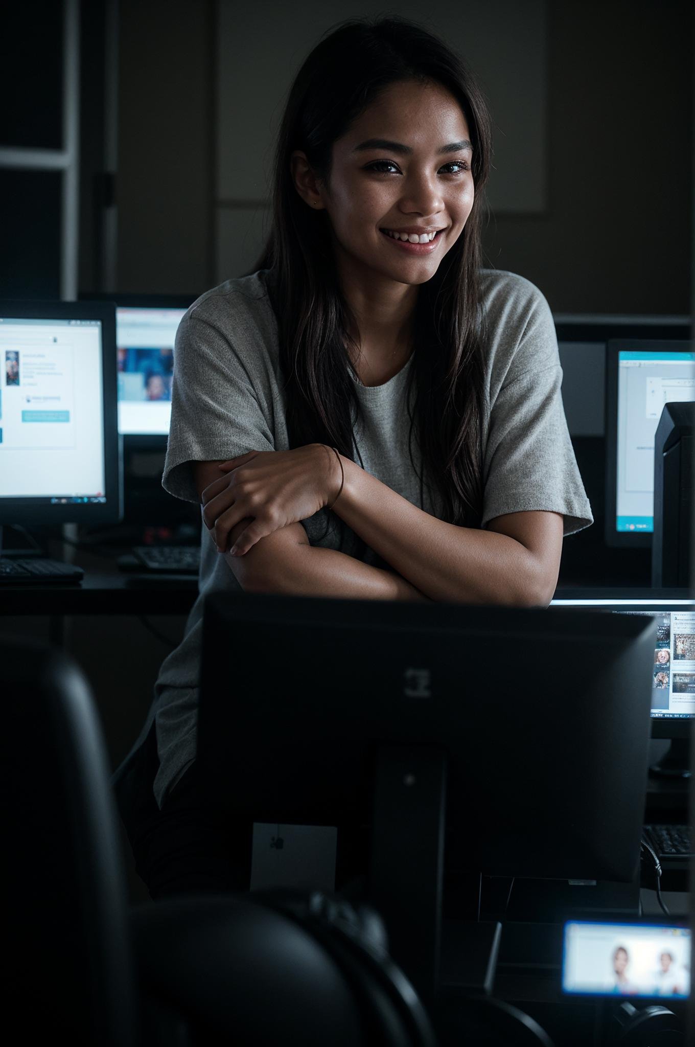 A female social worker having fun in a dark room surrounded by computer screens, poor quality photo, blurry, (smiling:0.5), (soft lighting, high detailed skin:1.1)