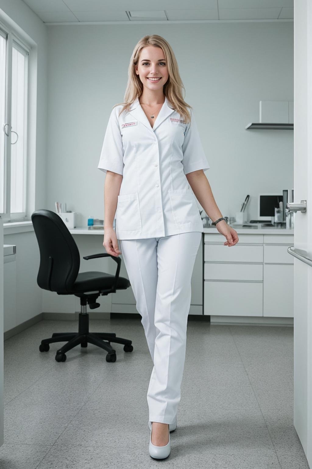 photo full-body portrait of a cute german woman \Stefanie Hinze\ as a dentist, (grainy:0.7)