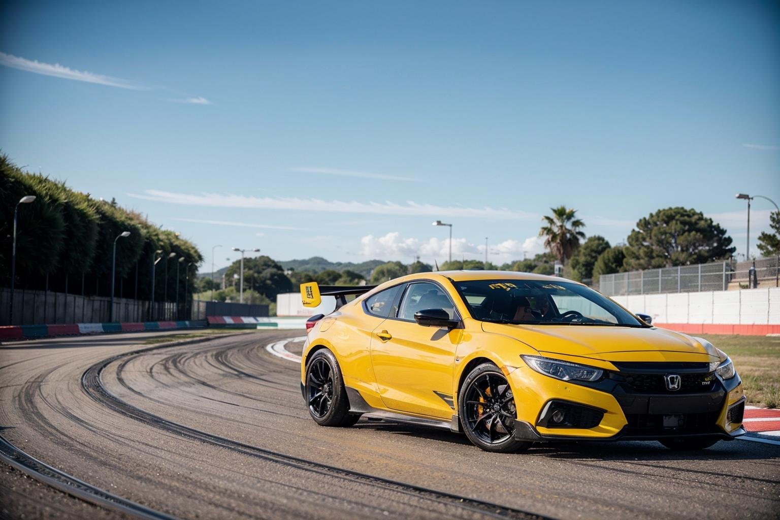 yellow supercar, like honda civic, raytracing, HDR reflective metal, smoke tires, cinematic lighting AND (race track:1.2)