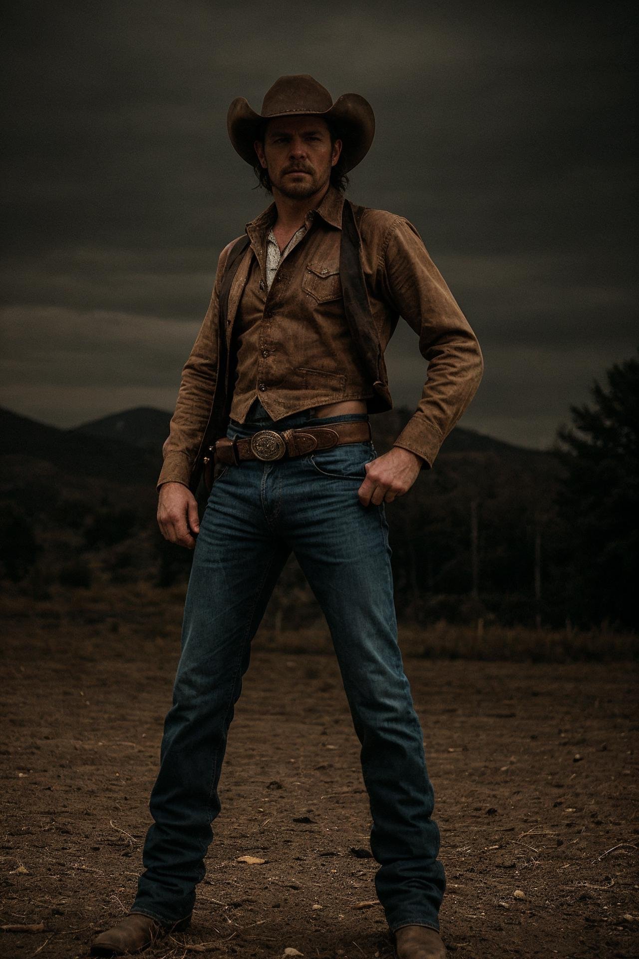 cinematic full body portrait of a cowboy, action pose