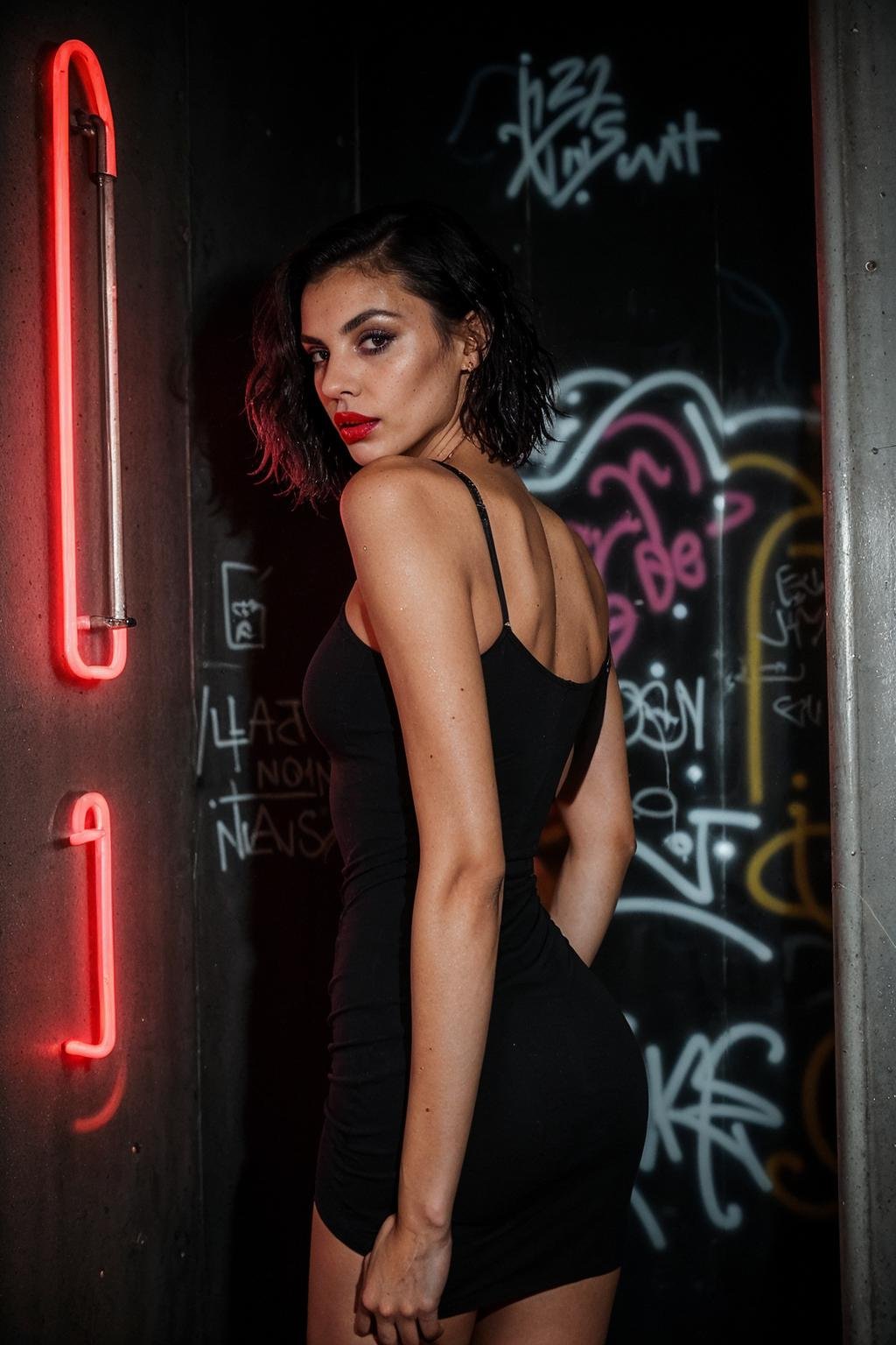 A photo of a woman in a public bathroom captures the allure of a tall, skinny figure with short hair, wearing a sexy black dress with an open back, standing in front of graffiti-covered walls; the dimly lit space accentuates the wet hair glistening under a neon sign, while her red lips add a touch of intrigue