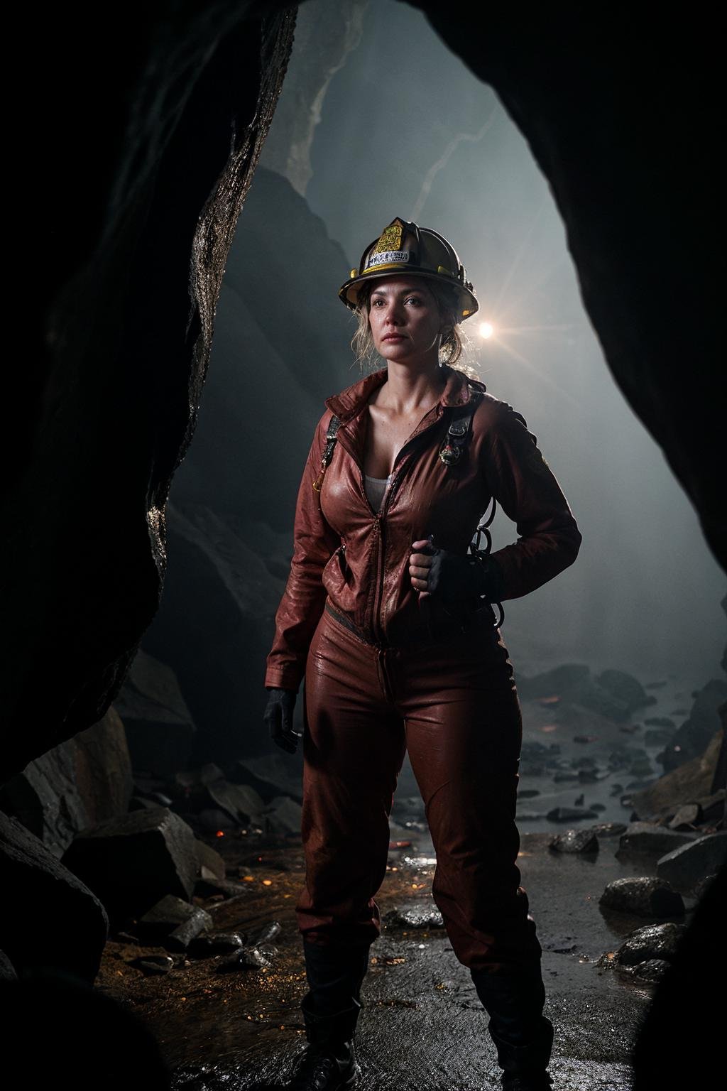 Photo of a fearless female firefighter in her full firefighting gear, standing confidently in a dark and treacherous cave, wearing a sturdy firefighter suit, rugged rock formations.open suit, cleavage, sweaty, wet clothes, sexy, smoke