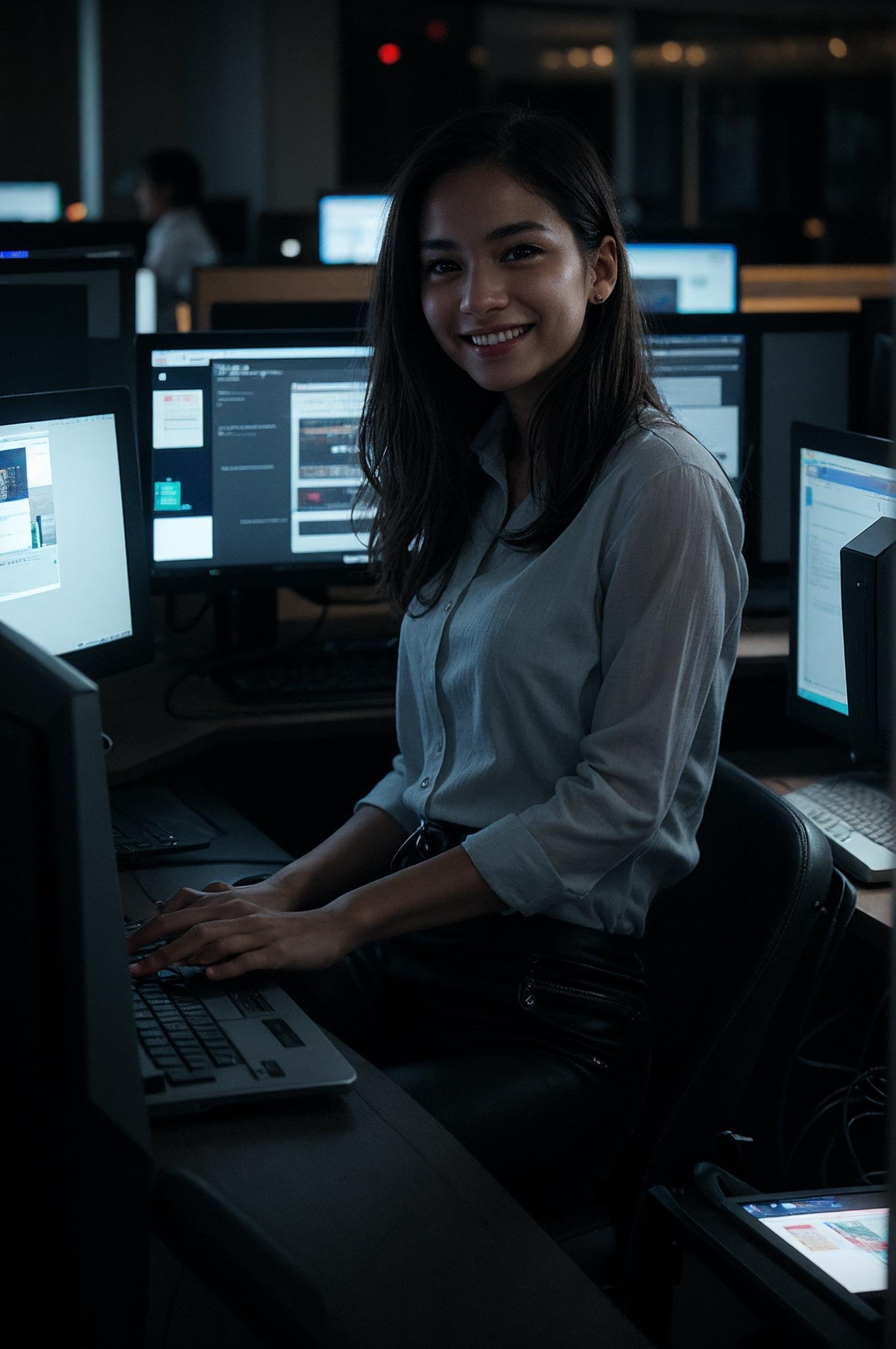 A female social worker having fun in a dark room surrounded by computer screens, poor quality photo, blurry, (smiling:0.5), (soft lighting, high detailed skin:1.1)