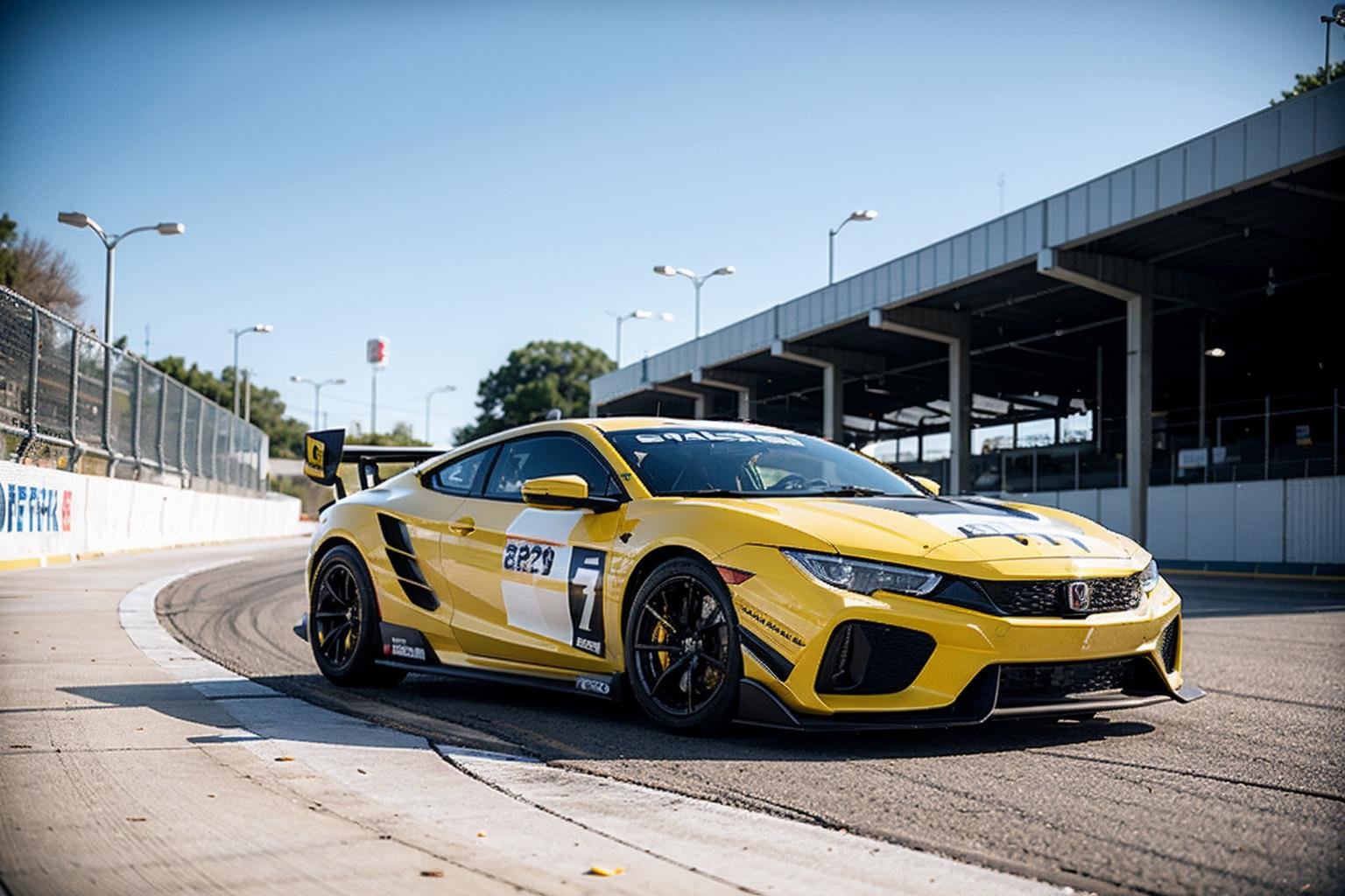 yellow supercar, like honda civic, raytracing, HDR reflective metal, smoke tires, cinematic lighting AND (race track:1.2)