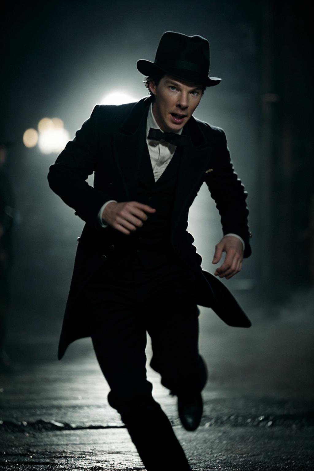 (Benedict Cumberbatch:1.1) as Sherlock Holmes, hat, running away from a ghost. blurry, movie still.