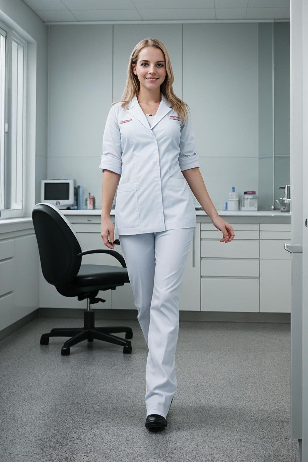 photo full-body portrait of a cute german woman \Stefanie Hinze\ as a dentist, (grainy:0.7)