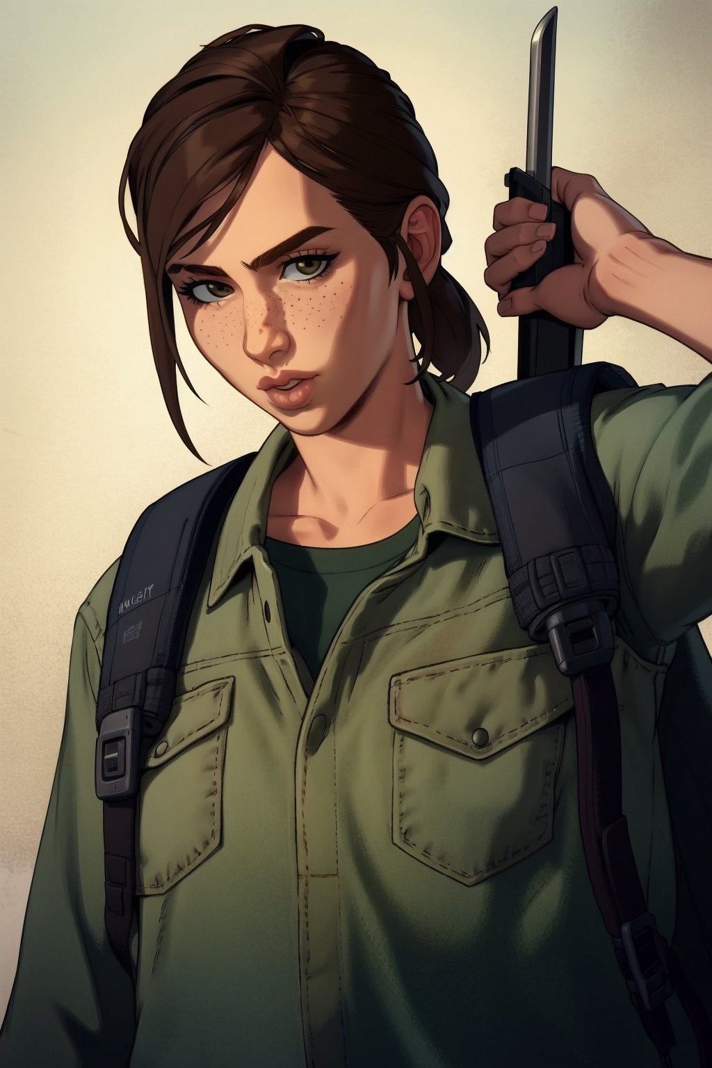 (masterpiece, best quality:1.3)
  
EllieTLOU2, 1girl, solo, short hair, brown hair, shirt, holding, brown eyes, jewelry, closed mouth, jacket, upper body, ponytail, weapon, short sleeves, open clothes, hand up, medium hair, bag, bracelet, lips, gun, torn clothes, black shirt, tattoo, backpack, denim, rifle, freckles, realistic, weapon on back, denim jacket