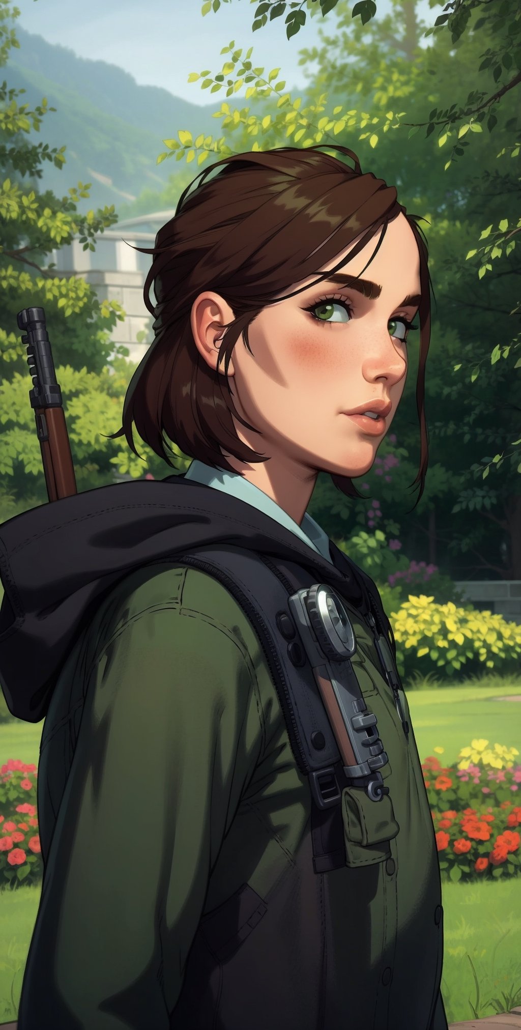 (masterpiece, best quality:1.3)
  
EllieTLOU2, 1girl, solo, looking at viewer, short hair, brown hair, closed mouth, green eyes, upper body, weapon, outdoors, hood, uniform, lips, gun, military, hood down, plant, portrait, nature, handgun, realistic