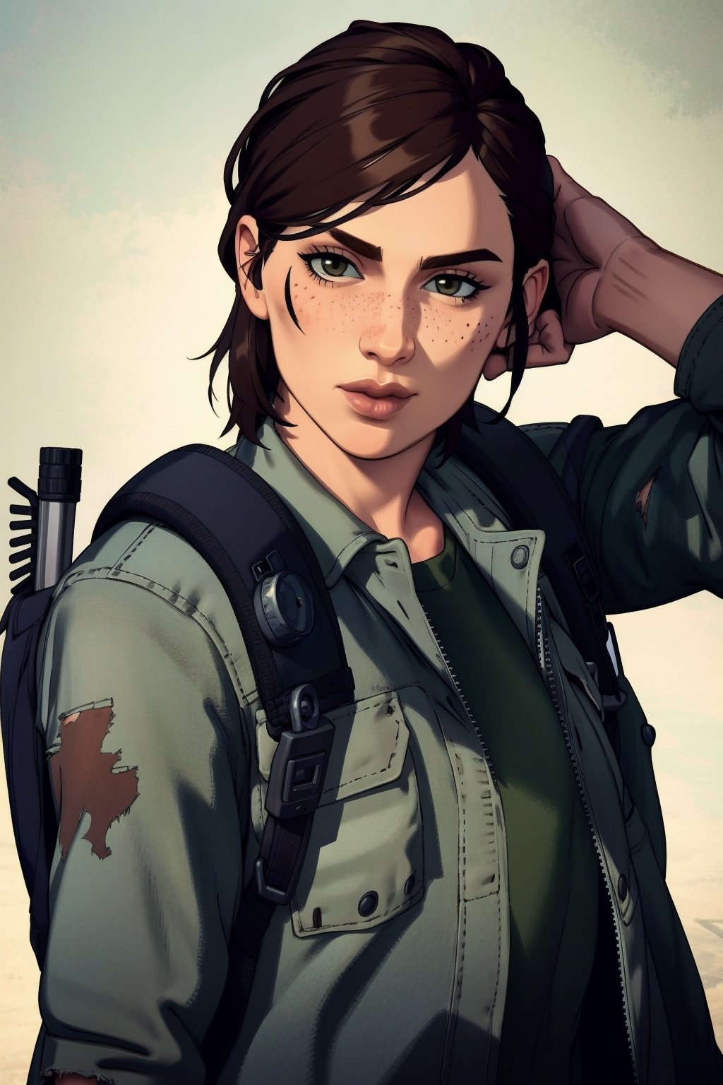 (masterpiece, best quality:1.3)
  
EllieTLOU2, 1girl, solo, short hair, brown hair, shirt, holding, brown eyes, jewelry, closed mouth, jacket, upper body, ponytail, weapon, short sleeves, open clothes, hand up, medium hair, bag, bracelet, lips, gun, torn clothes, black shirt, tattoo, backpack, denim, rifle, freckles, realistic, weapon on back, denim jacket